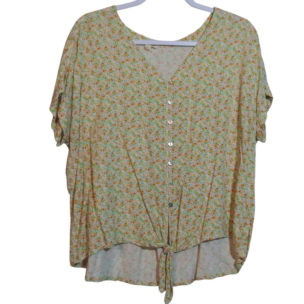 Jane & Delancey Yellow Ditsy Floral Button-Down Tie Waist Women's Top Size XL